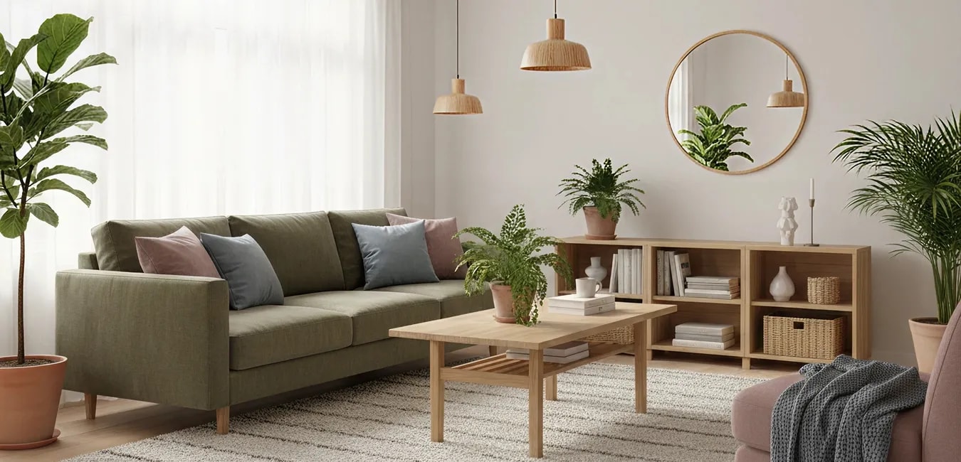 Gemütliches Wohnzimmer mit Sofa und Couchtisch. 